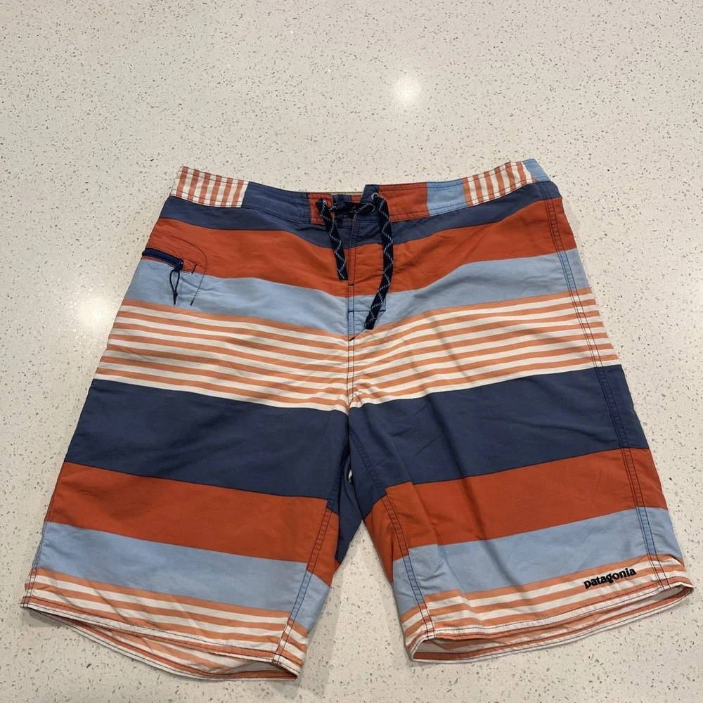 Patagonia Mens 36 Board Shorts Striped Swim Trunks Worn Wear Multicolor